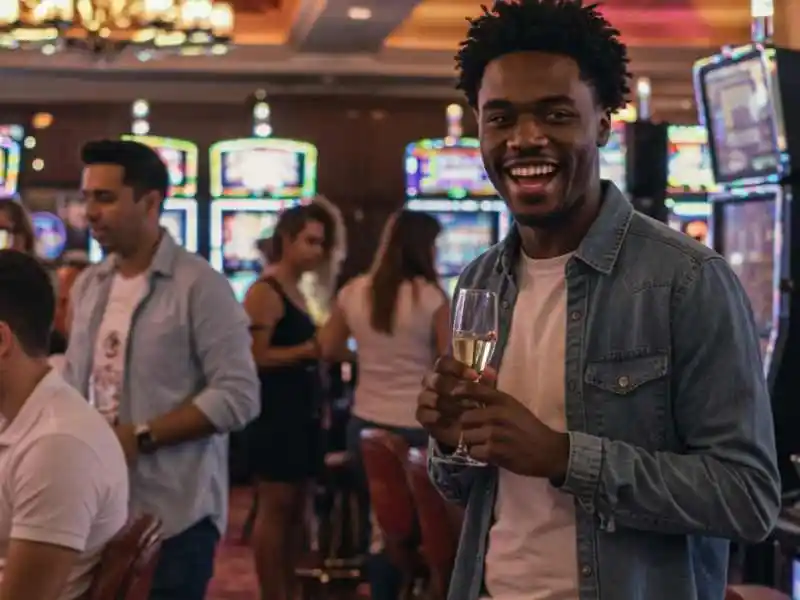 Young man enjoying champagne at a lively casino with slot machines in the background