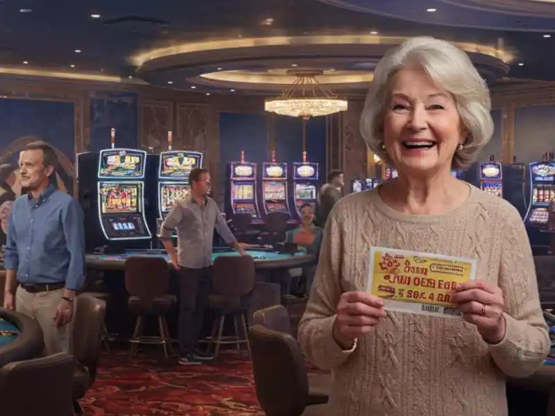 Senior woman smiling and holding a winning casino ticket in front of slot machines
