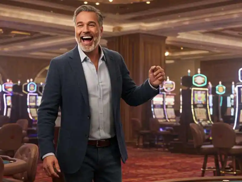 Middle-aged man in a suit celebrating inside a casino with slot machines behind him