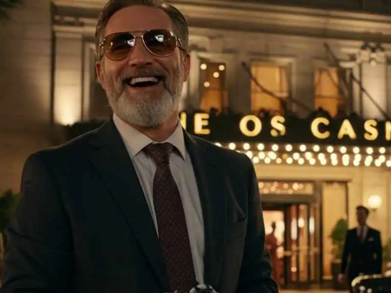 Confident man in sunglasses smiling outside a luxury casino, showing the lifestyle of a TMTPlay winner