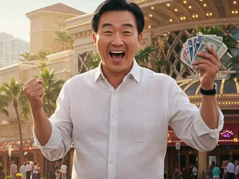 Excited man holding cash outside a casino, celebrating his MWPlay888 Online win