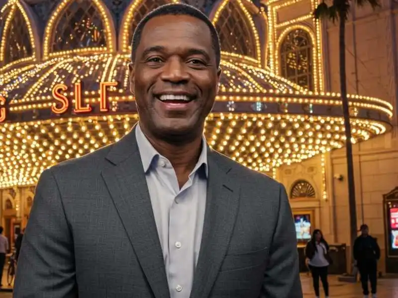 Man smiling in front of a lit-up TMTPlay casino entrance at night
