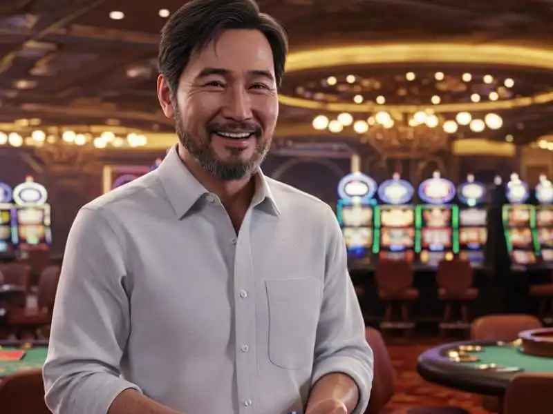 Man smiling confidently at MWPlay 888 poker table with slot machines in the background