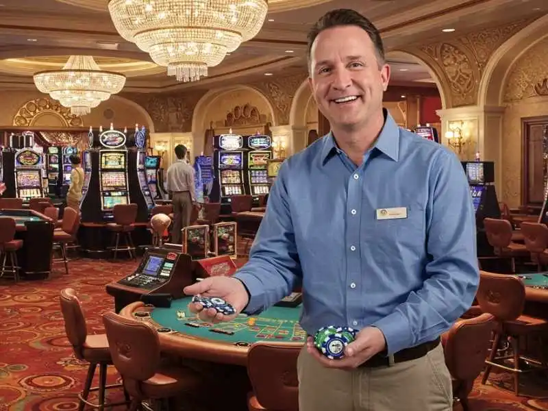 Smiling casino staff holding poker chips inside MWPlay 888 gaming room