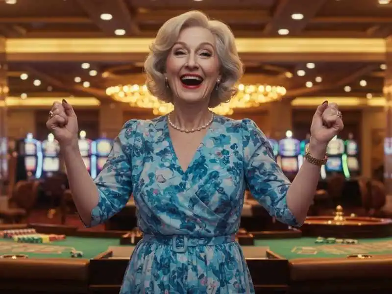 Elderly woman celebrating a casino win at MWPlay 888 gaming table