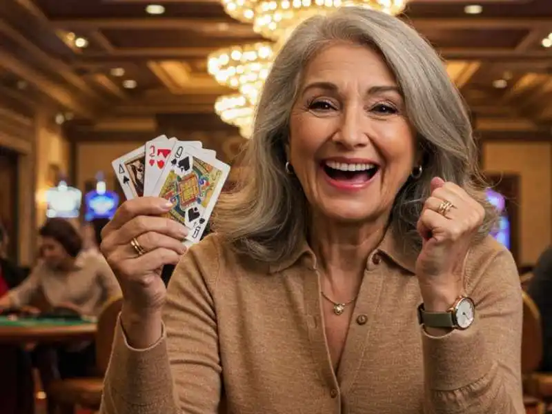 Joyful older woman holding a winning hand of cards in a casino, celebrating her big moment at Manila888.