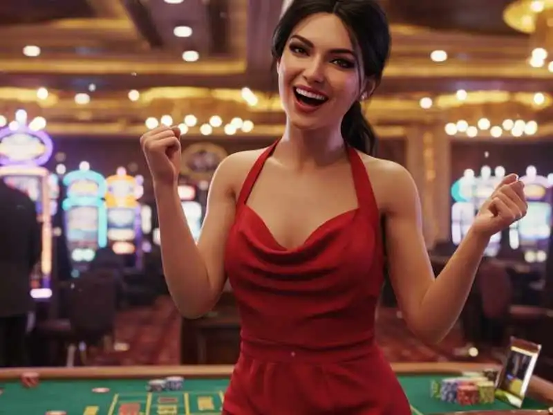 Excited woman in a red dress celebrating a win at a casino table, capturing the thrill of playing at Manila888.