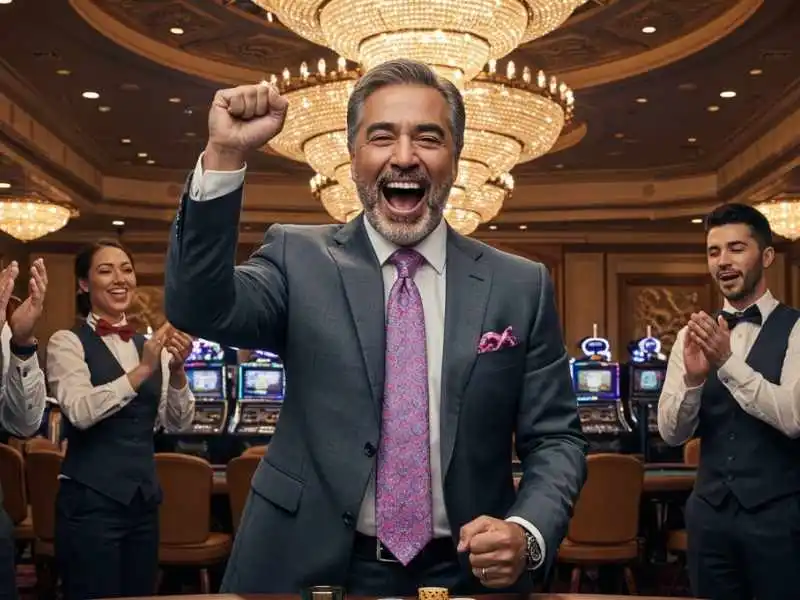 Victorious man in a suit celebrating a casino win with staff applauding, capturing the winning excitement at Manila888.