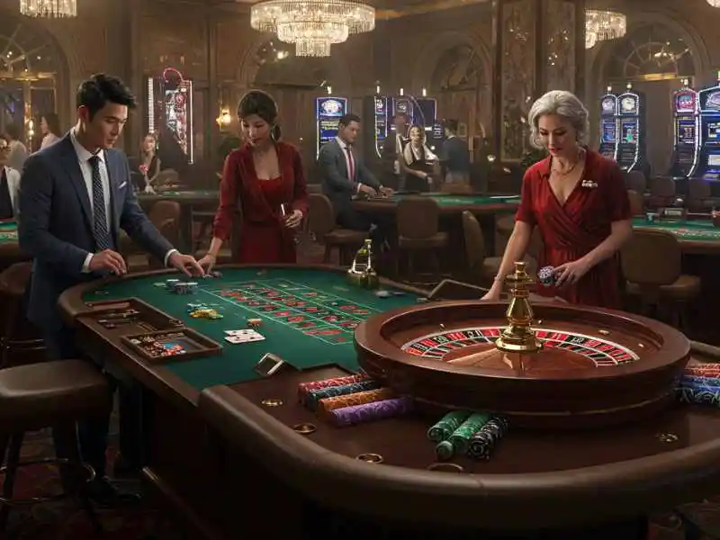 Elegant casino players and dealer around roulette and baccarat tables at bmy888.net