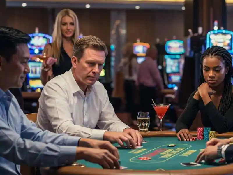 Players focused at a live poker table inside a luxury casino with slot machines in the background