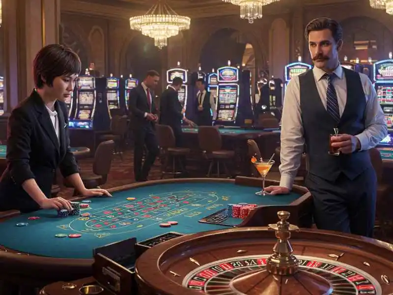Elegant casino scene with live roulette table, dealer, and stylish players at bmy888.net