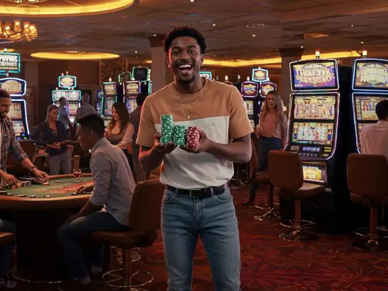 Black man smiling with casino chips at Casino Filipino Manila Bay
