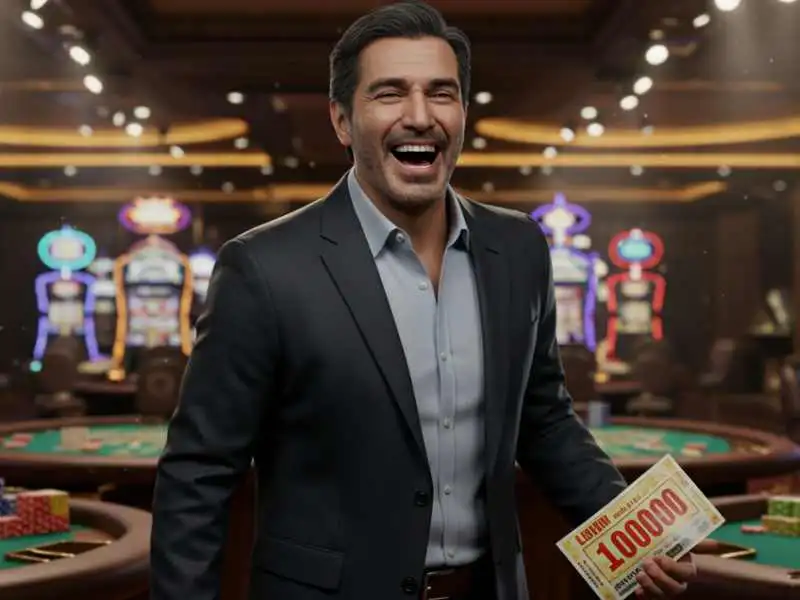 Excited man in suit celebrating a win at Casino Filipino Manila Bay