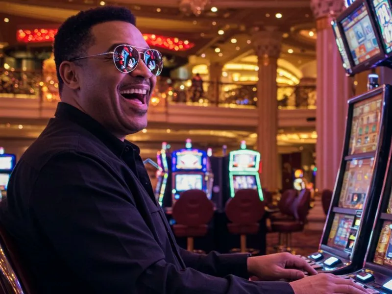 Laughing man wearing sunglasses enjoying a slot machine win in a luxury casino, symbolizing fun and rewards at escala gaming 8 com login password.