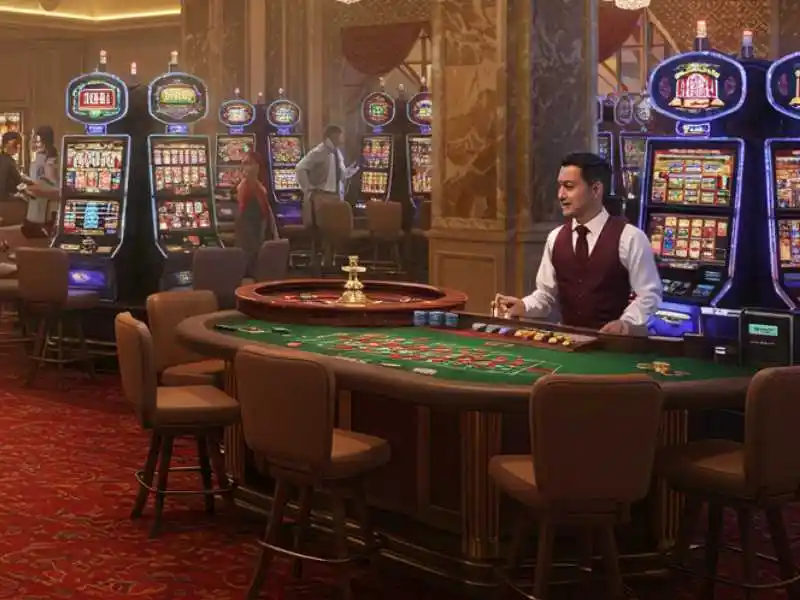 Smiling roulette dealer at Extreme Gaming 88 Casino with slot machines in the background