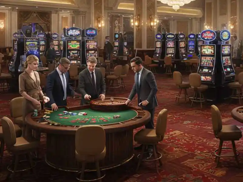 Group of well-dressed players at roulette table inside Extreme Gaming 88 Casino with slot machines in background