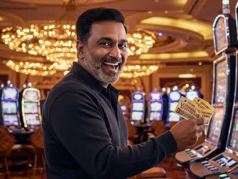 Smiling man holding winning scratch cards inside Extreme Gaming88 Casino.