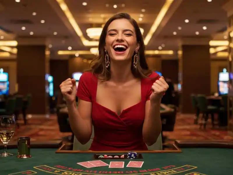 Excited woman in a red dress celebrating a card game win at Extreme Gaming88 Casino.