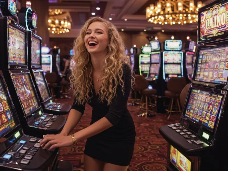 Happy woman pressing the button on a slot machine at extremegaming88.
