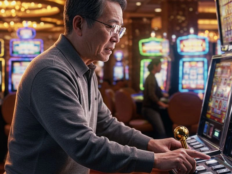 Man smiling while using slot machine at extremegaming88 login