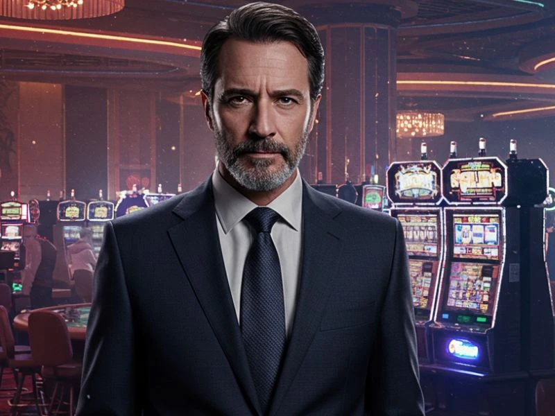 Gentleman in suit near slot machines at extremegaming88 login