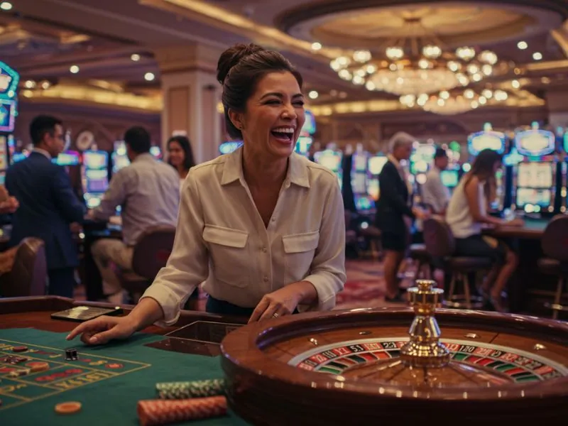 Smiling woman enjoying a roulette game at extremegaming88 net casino.
