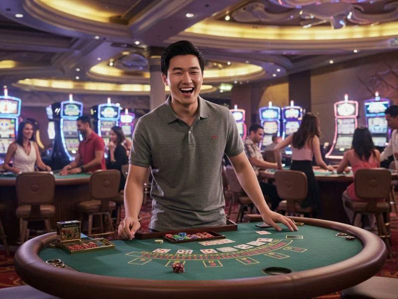 Smiling man standing confidently at a poker table at extremegaming88 net casino.