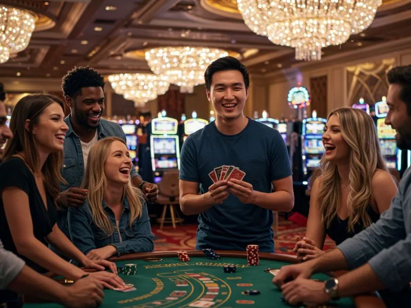 Group of friends laughing and playing poker at extremegaming88 net casino.