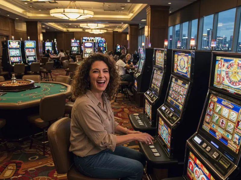 Woman pressing a button on a slot machine at extremegaming88 net casino.