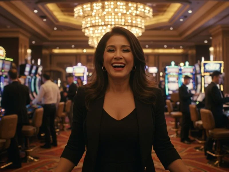 Smiling woman standing in front of a vibrant casino background at extremegaming88.
