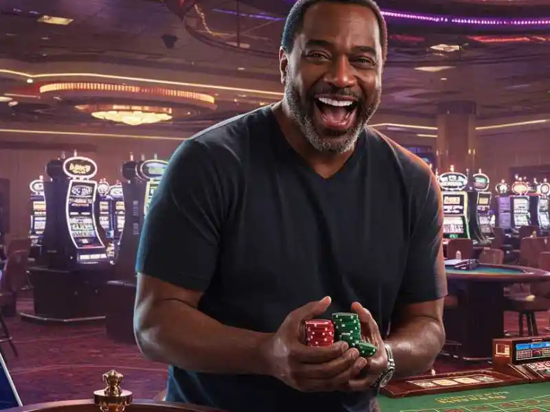 Excited man holding casino chips with rows of jackpot meter slots gaming machines in the background.