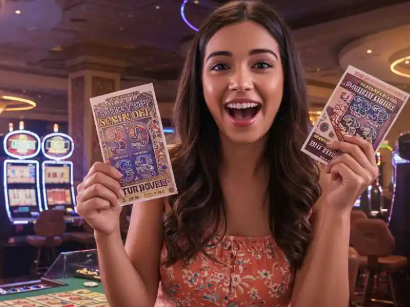 Excited woman holding winning scratch cards inside a casino with jackpot meter slots gaming machines in the background.