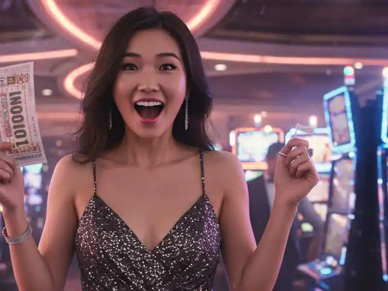 Glamorous woman celebrating a win with a casino ticket, surrounded by jackpot meter slots gaming machines.
