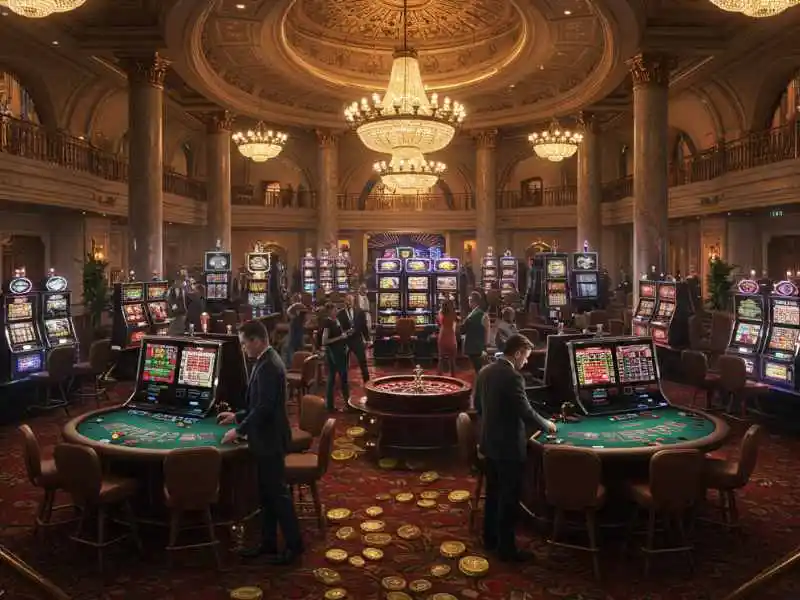 Lavish casino hall with table games and glowing Jackpot Meter Slots in the background