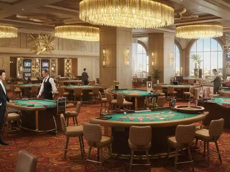 Elegant casino floor with live table games and Jackpot Meter Slots in the background