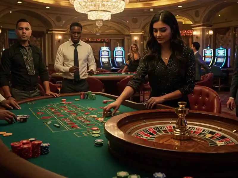 Elegant woman placing a bet at a roulette table with Jackpot Meter Slots in the background