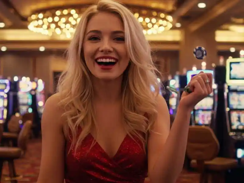 Smiling woman in a red dress tossing chips inside Maharlika Play Casino slot area.