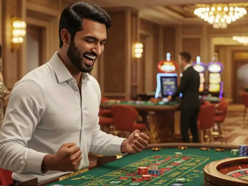 Excited man celebrating a big win at the roulette table inside Maharlika Play Casino.