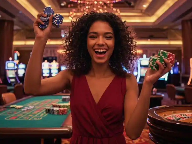 Woman holding casino chips in victory after playing on Maharlika Play Online