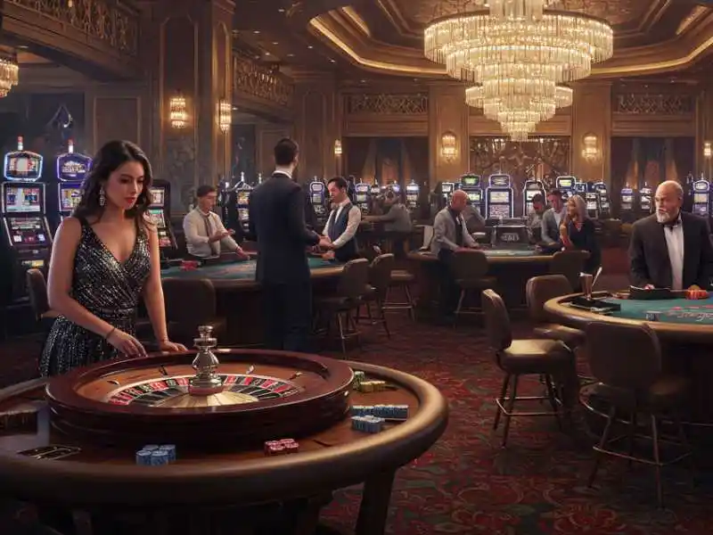 A woman playing roulette alone inside Maharlika Plays casino, with a luxurious interior and slot machines in the background.