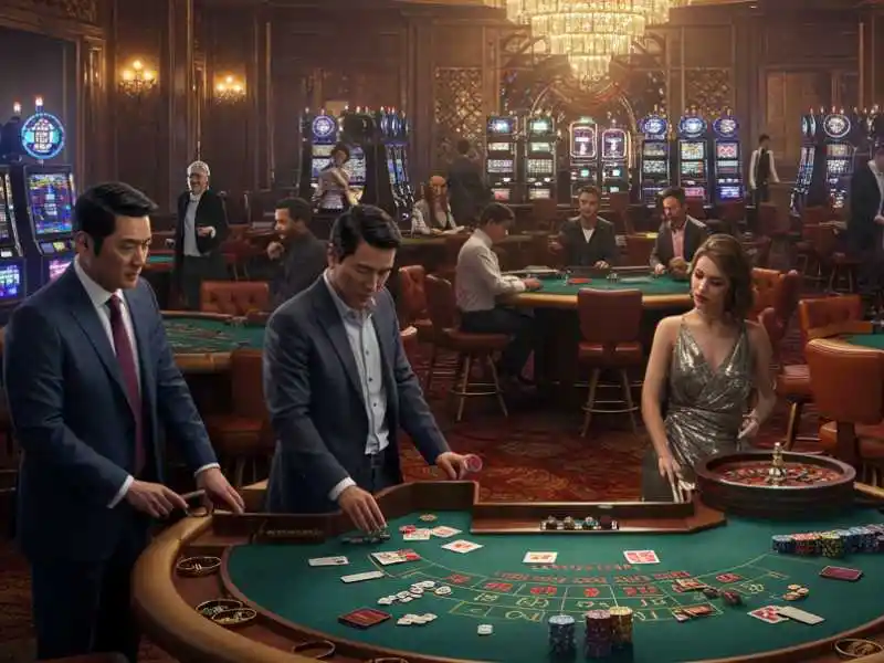 Men and a woman playing blackjack and roulette inside a luxurious Maharlika casino with slot machines in the background