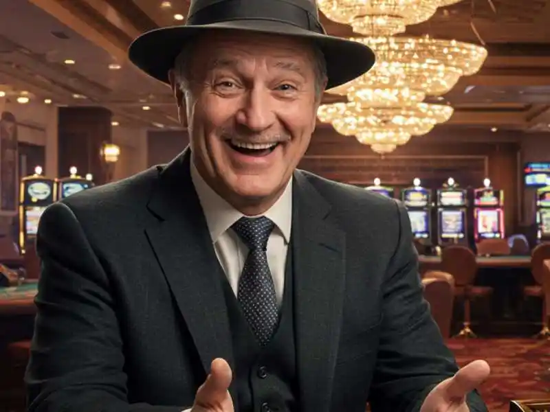 Smiling man in a hat and suit inside Manila 888 Casino with slot machines in the background.