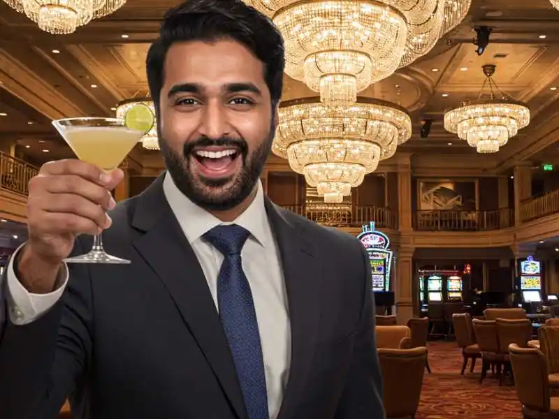 Smiling man in a suit holding a cocktail inside the elegant Manila 888 Casino.