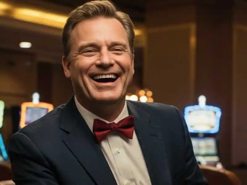 Confident man in a red bow tie smiling at Manila 888 Casino Online with slot machines in the background