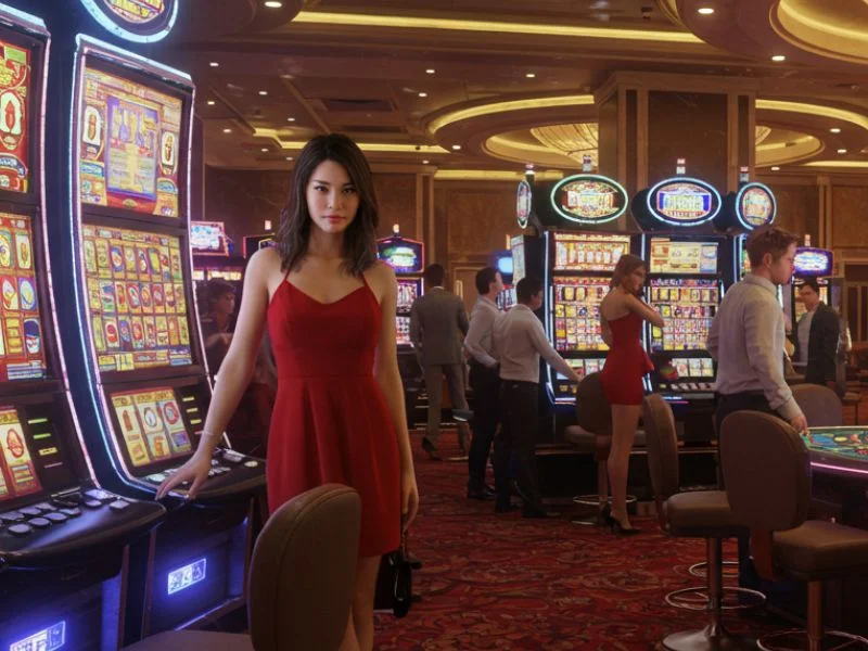 Woman in red playing meter slots at a casino