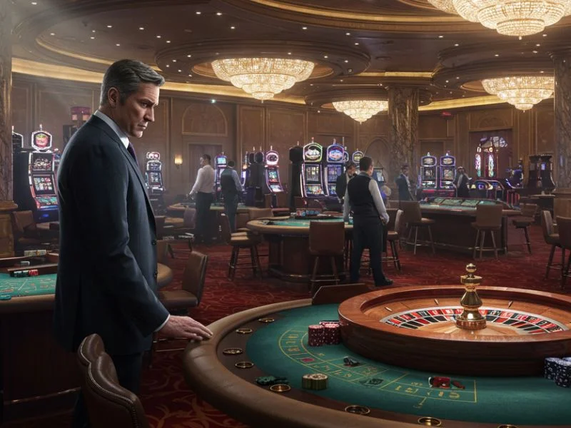 Man in a suit standing near a roulette and meter slots area