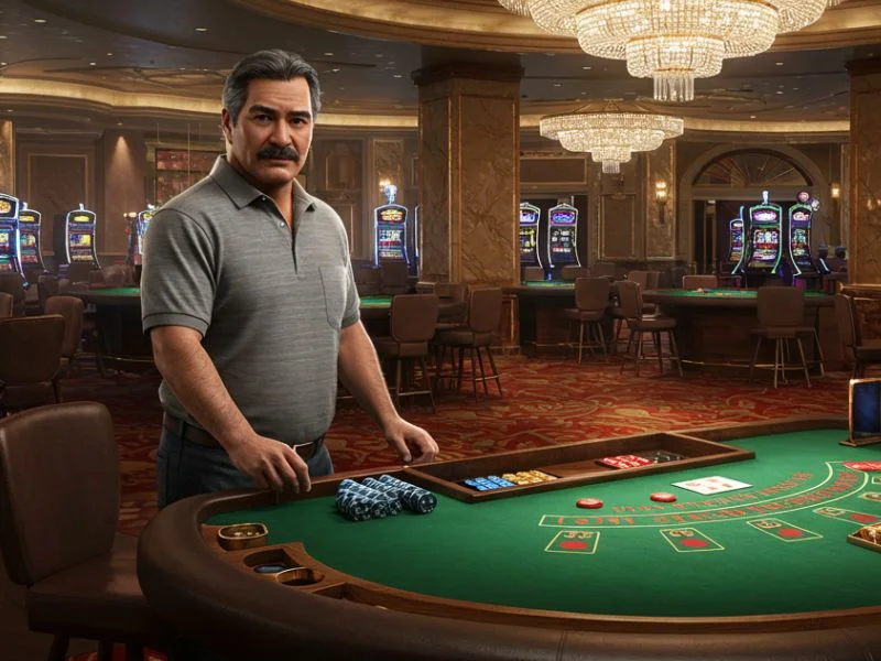 Male dealer waiting at a casino table with meter slots behind