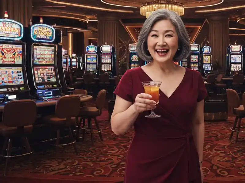 Elegant woman holding a cocktail and smiling inside MWPlay 888 Casino with slot machines behind her.