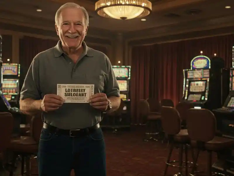 Smiling man holding a winning lottery ticket inside MWPlay 888 Casino.