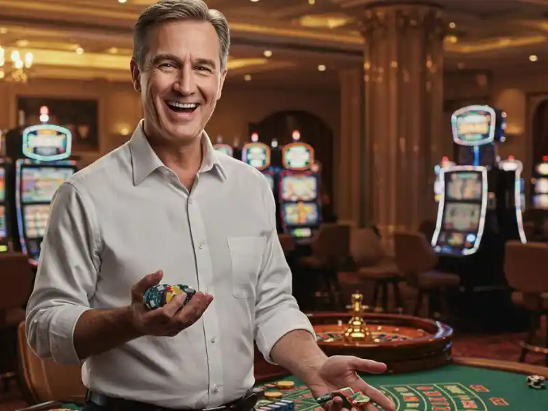 Smiling man holding poker chips at the roulette table inside MWPlay 888 Casino.